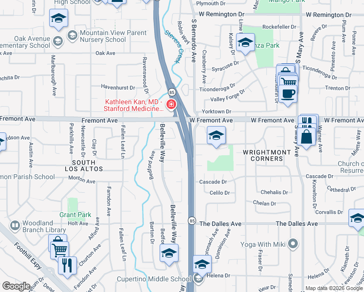 map of restaurants, bars, coffee shops, grocery stores, and more near 1281 Brookings Lane in Sunnyvale