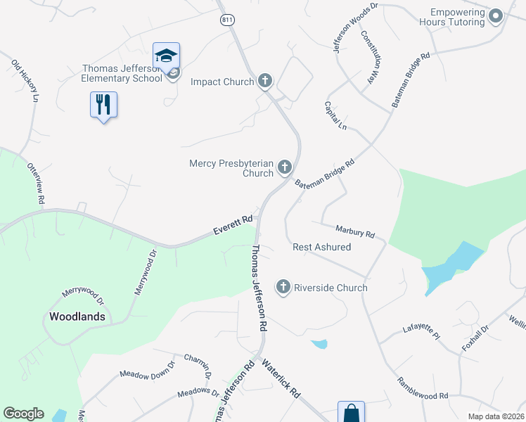 map of restaurants, bars, coffee shops, grocery stores, and more near 2140 Thomas Jefferson Road in Forest