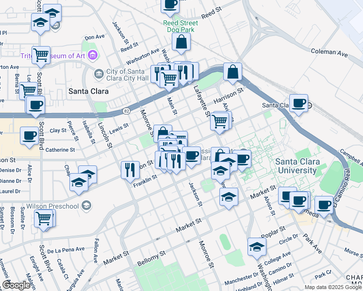 map of restaurants, bars, coffee shops, grocery stores, and more near 1161 Benton Street in Santa Clara