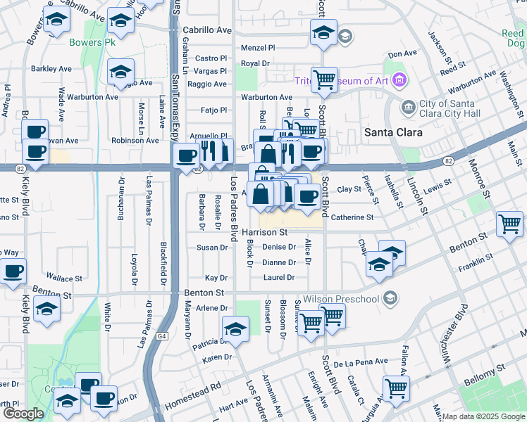 map of restaurants, bars, coffee shops, grocery stores, and more near 1367 Block Drive in Santa Clara