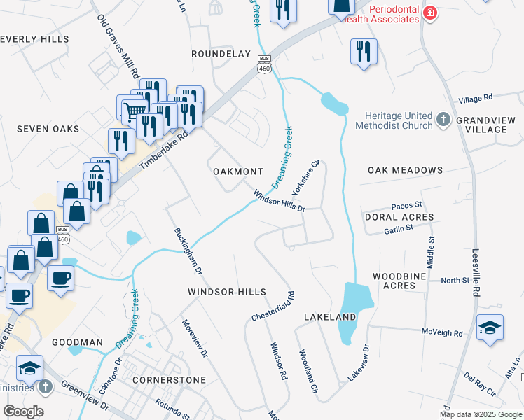map of restaurants, bars, coffee shops, grocery stores, and more near 240 Chesterfield Place in Lynchburg