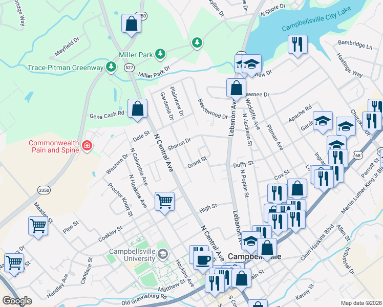 map of restaurants, bars, coffee shops, grocery stores, and more near 101-199 Floyd St in Campbellsville