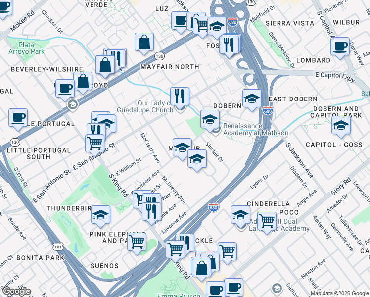 map of restaurants, bars, coffee shops, grocery stores, and more near 2008 Kammerer Avenue in San Jose