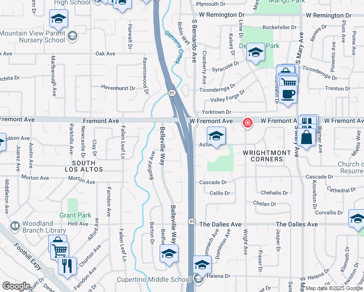 map of restaurants, bars, coffee shops, grocery stores, and more near 1264 Brookings Lane in Sunnyvale