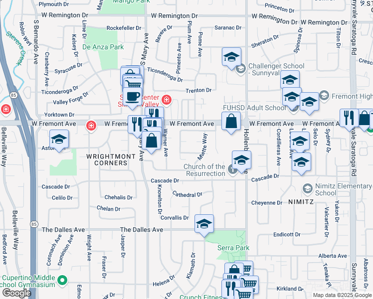 map of restaurants, bars, coffee shops, grocery stores, and more near 807 Blanchard Way in Sunnyvale