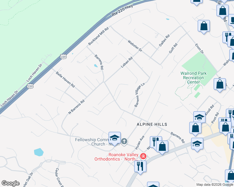 map of restaurants, bars, coffee shops, grocery stores, and more near 8107 Golden Oak Lane in Hollins