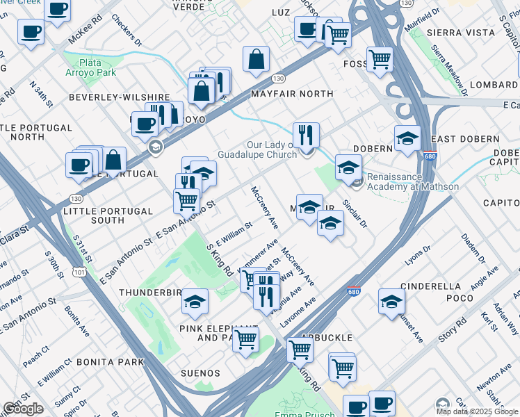 map of restaurants, bars, coffee shops, grocery stores, and more near 255 McCreery Avenue in San Jose
