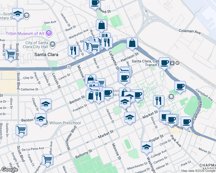 map of restaurants, bars, coffee shops, grocery stores, and more near 1050 Benton Street in Santa Clara