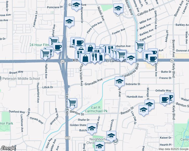 map of restaurants, bars, coffee shops, grocery stores, and more near 3421 Granada Avenue in Santa Clara