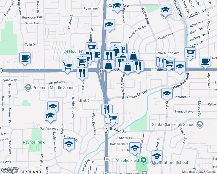 map of restaurants, bars, coffee shops, grocery stores, and more near 3595 Granada Avenue in Santa Clara