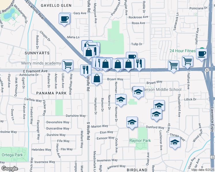 map of restaurants, bars, coffee shops, grocery stores, and more near 1351 Navarro Drive in Sunnyvale