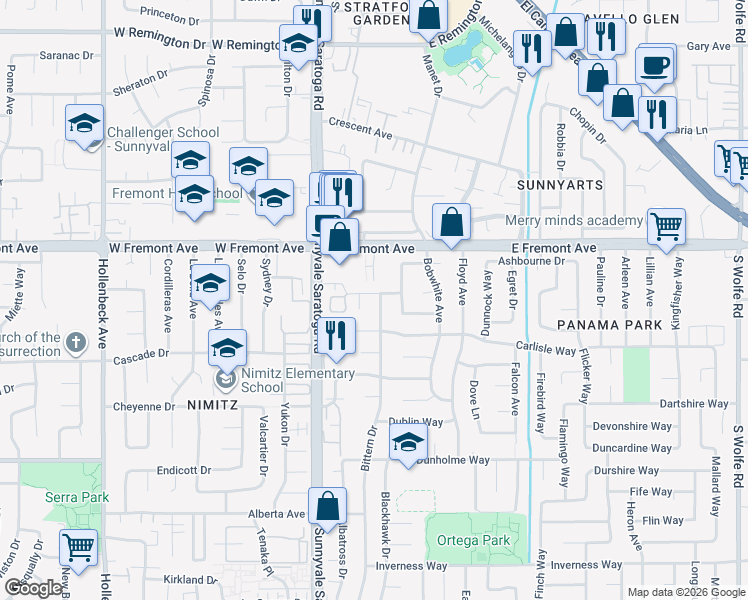 map of restaurants, bars, coffee shops, grocery stores, and more near 1376 Bittern Drive in Sunnyvale