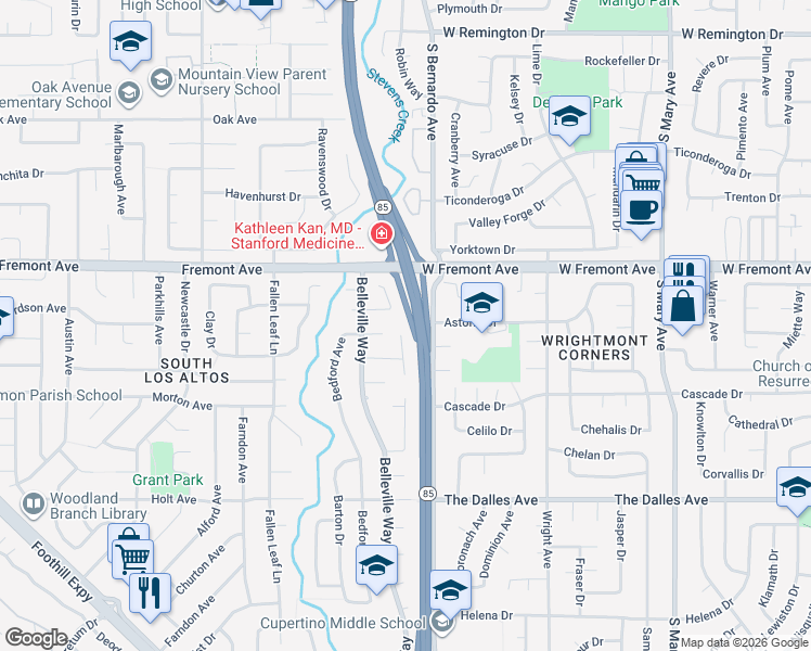 map of restaurants, bars, coffee shops, grocery stores, and more near 1281 Brookings Lane in Sunnyvale