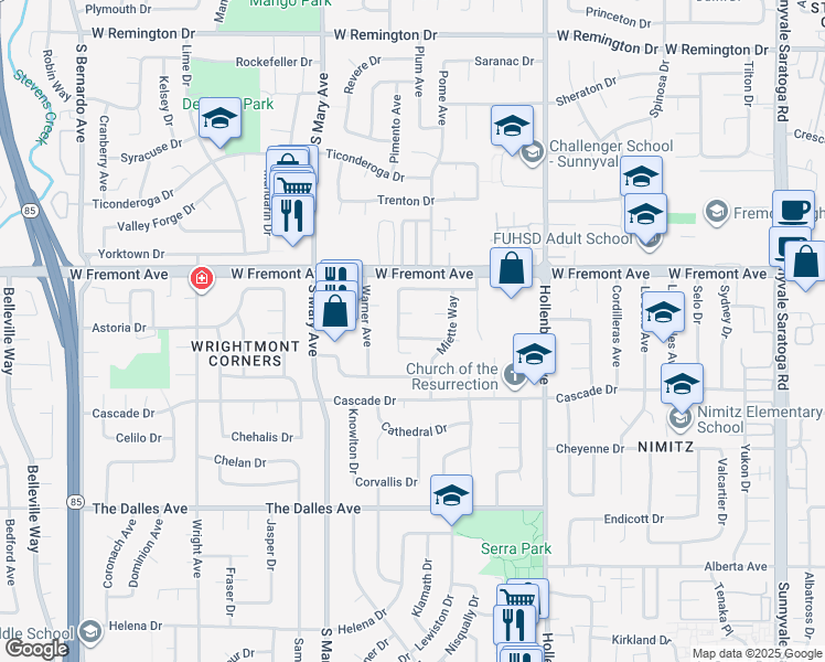 map of restaurants, bars, coffee shops, grocery stores, and more near 807 Blanchard Way in Sunnyvale