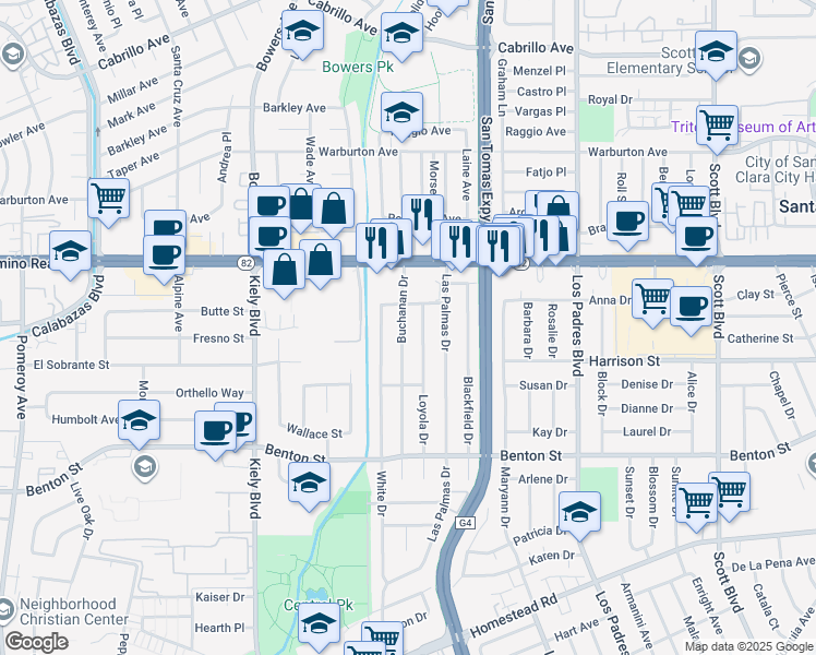 map of restaurants, bars, coffee shops, grocery stores, and more near 1355 Buchanan Drive in Santa Clara