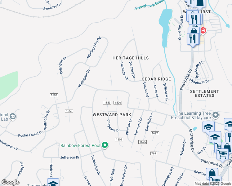 map of restaurants, bars, coffee shops, grocery stores, and more near 1675 Rainbow Forest Drive in Lynchburg