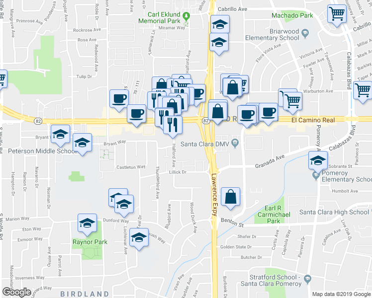 map of restaurants, bars, coffee shops, grocery stores, and more near 3700 El Camino Real in Santa Clara