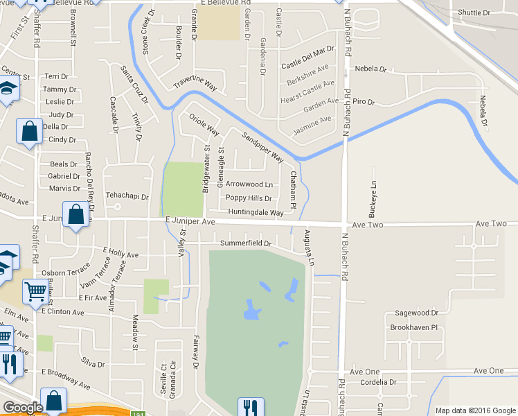map of restaurants, bars, coffee shops, grocery stores, and more near 1053 Huntingdale Way in Atwater