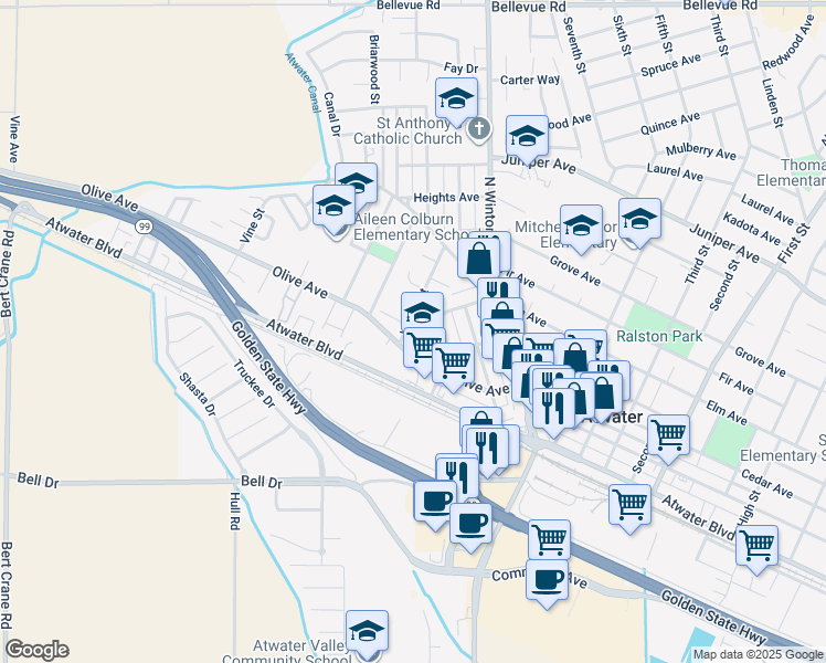 map of restaurants, bars, coffee shops, grocery stores, and more near 1172 Willow Street in Atwater