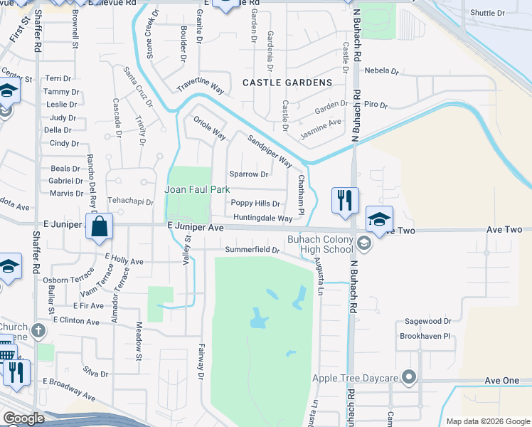 map of restaurants, bars, coffee shops, grocery stores, and more near 1053 Huntingdale Way in Atwater
