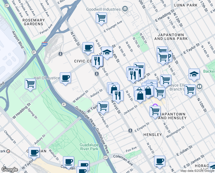 map of restaurants, bars, coffee shops, grocery stores, and more near 738 North 1st Street in San Jose