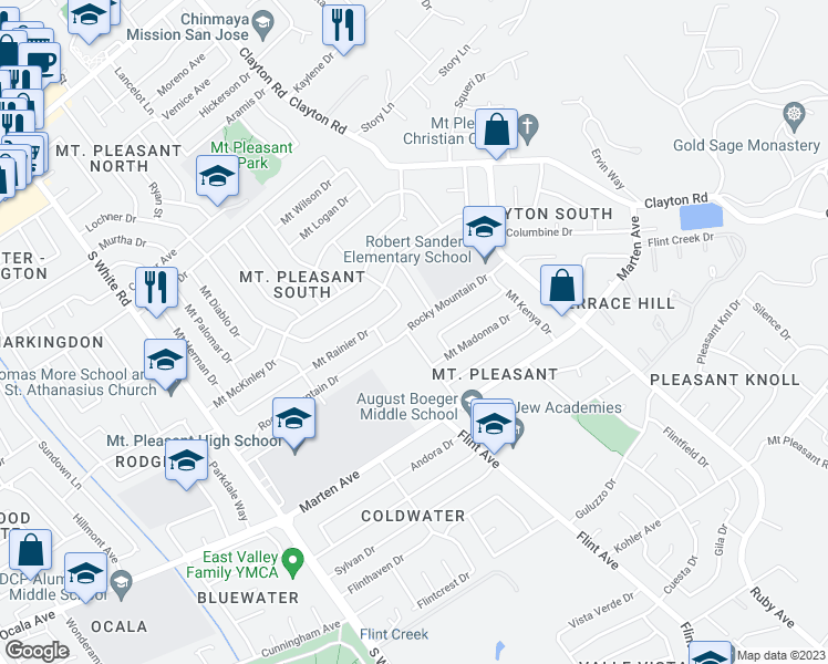 map of restaurants, bars, coffee shops, grocery stores, and more near 1702 Mount Rushmore Drive in San Jose