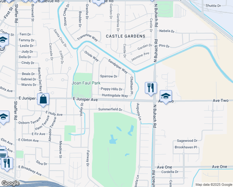 map of restaurants, bars, coffee shops, grocery stores, and more near 1053 Huntingdale Way in Atwater