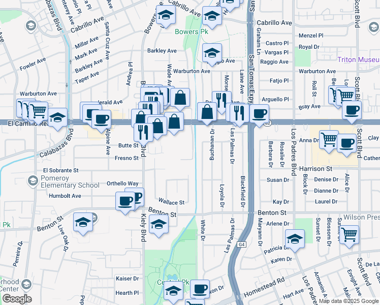 map of restaurants, bars, coffee shops, grocery stores, and more near 1400 Bowe Avenue in Santa Clara