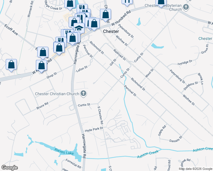 map of restaurants, bars, coffee shops, grocery stores, and more near 12322 Laprade Street in Chester
