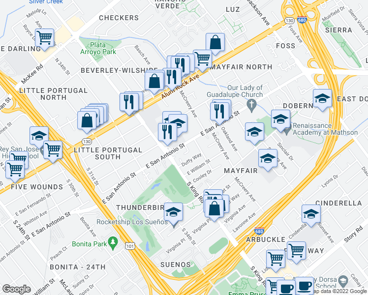 map of restaurants, bars, coffee shops, grocery stores, and more near 1718 East San Antonio Street in San Jose