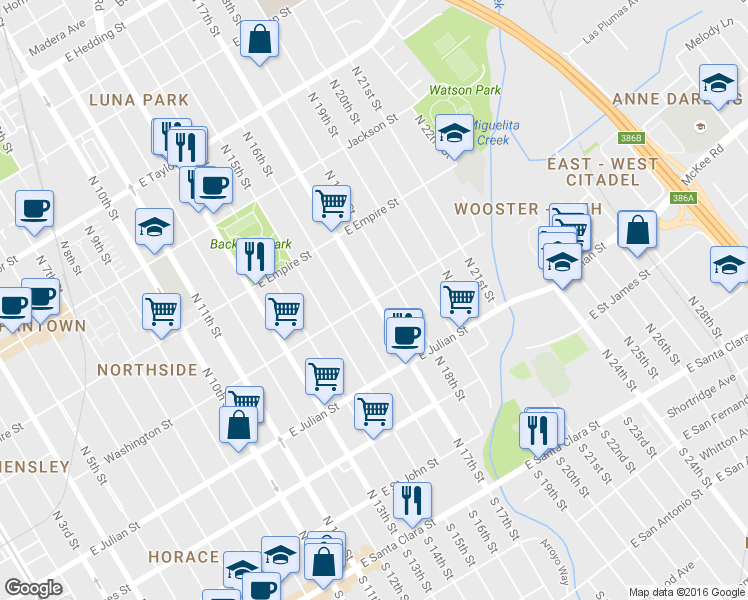 map of restaurants, bars, coffee shops, grocery stores, and more near N 17th St & Washington St in San Jose