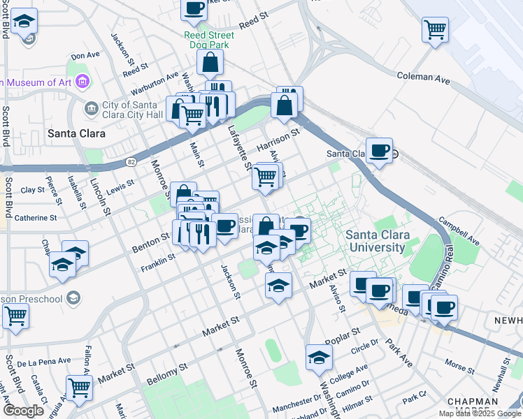 map of restaurants, bars, coffee shops, grocery stores, and more near 1000 Lafayette Street in Santa Clara