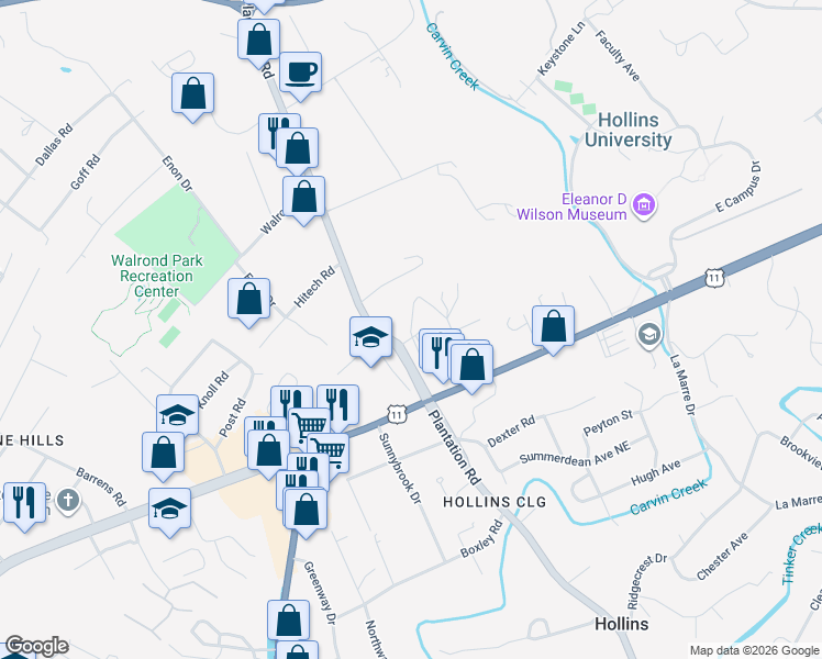 map of restaurants, bars, coffee shops, grocery stores, and more near 7601 Old Dominion Drive in Hollins