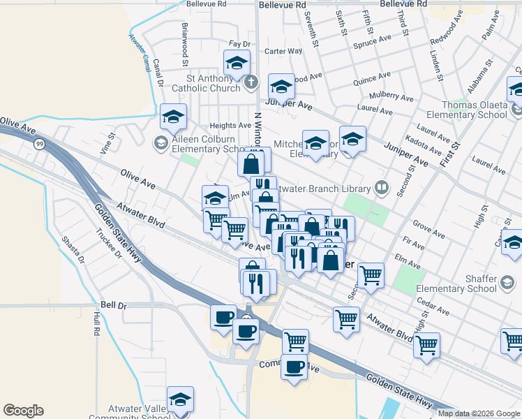 map of restaurants, bars, coffee shops, grocery stores, and more near 1311 Winton Way in Atwater