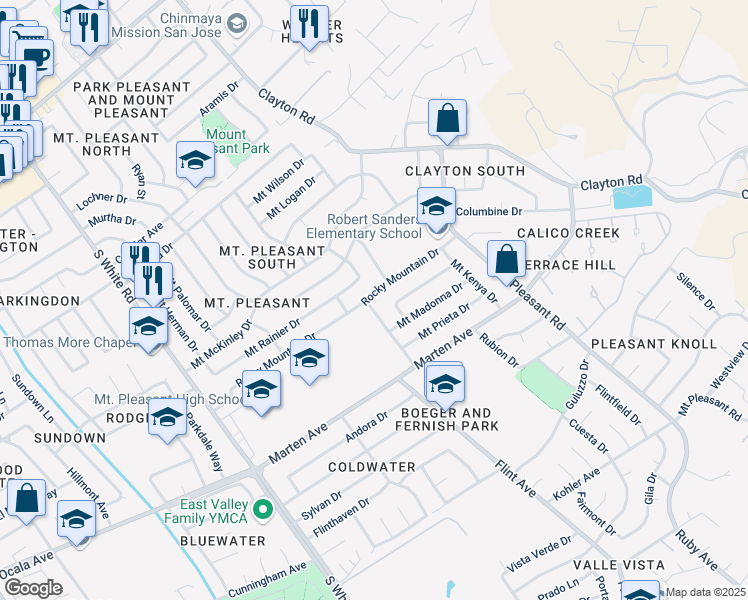 map of restaurants, bars, coffee shops, grocery stores, and more near 1702 Mount Rushmore Drive in San Jose