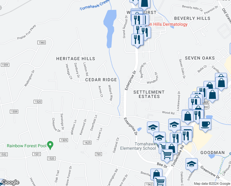 map of restaurants, bars, coffee shops, grocery stores, and more near 107 Willard Way in Lynchburg