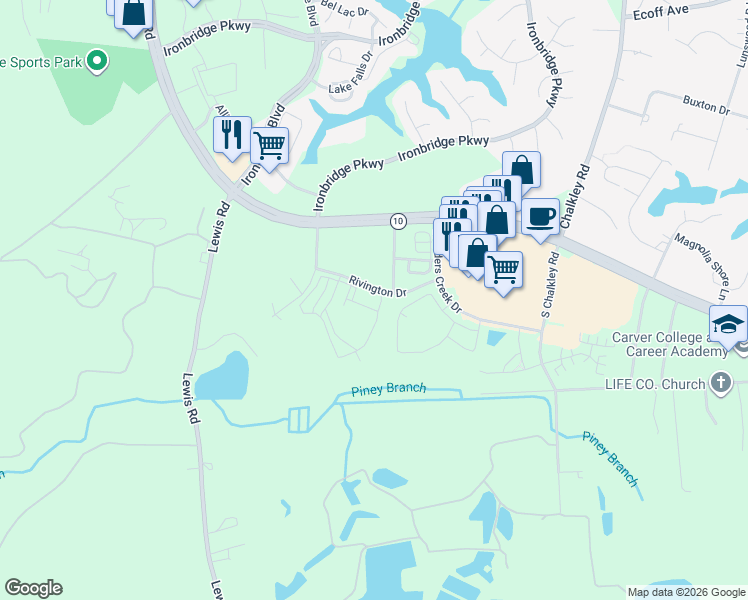 map of restaurants, bars, coffee shops, grocery stores, and more near 12000 Reserve Manor Circle in Chester