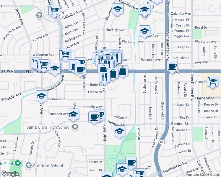 map of restaurants, bars, coffee shops, grocery stores, and more near 2775 Ball Place in Santa Clara