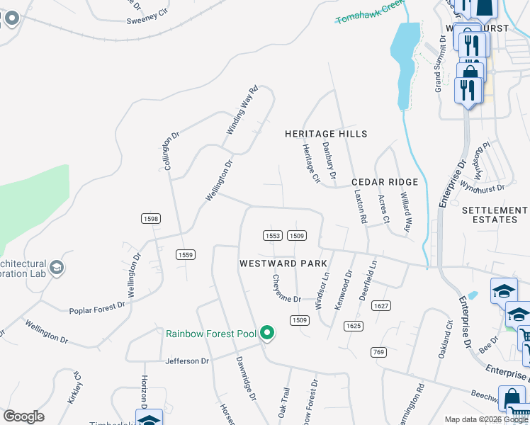 map of restaurants, bars, coffee shops, grocery stores, and more near 369 Cheyenne Drive in Lynchburg