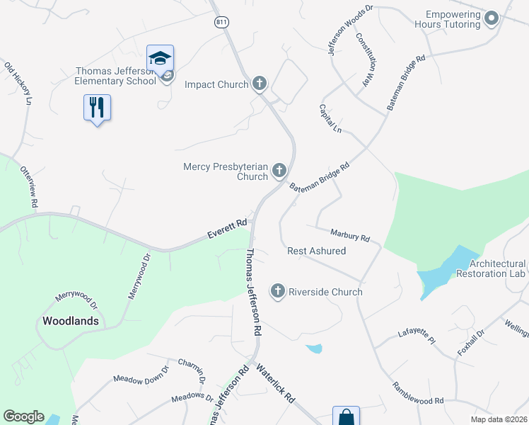 map of restaurants, bars, coffee shops, grocery stores, and more near 2140 Thomas Jefferson Road in Forest