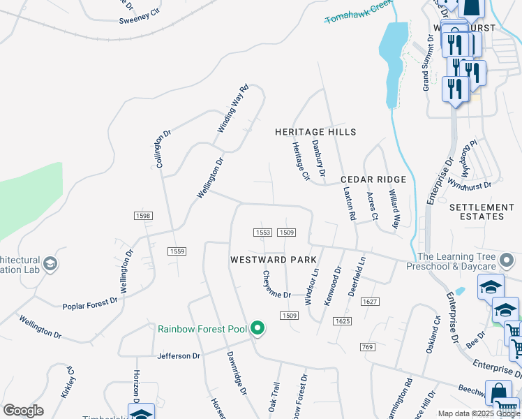 map of restaurants, bars, coffee shops, grocery stores, and more near 1601 Rainbow Forest Drive in Lynchburg
