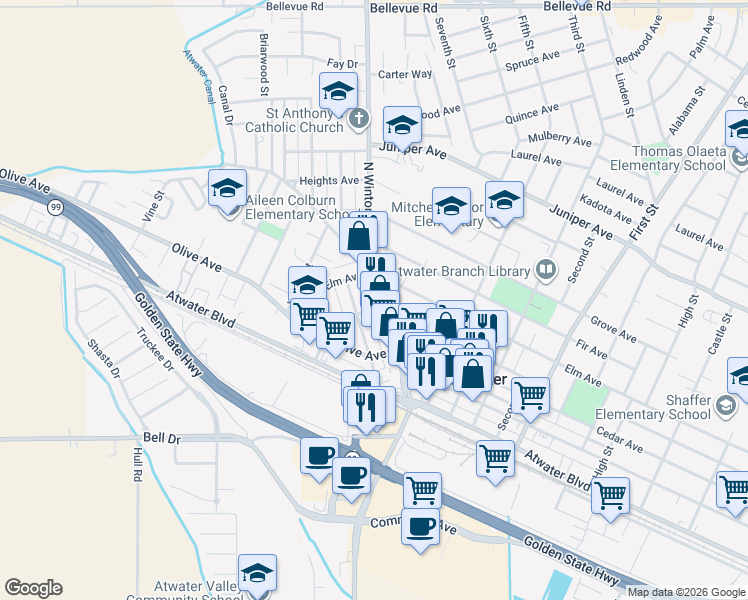 map of restaurants, bars, coffee shops, grocery stores, and more near 1311 Winton Way in Atwater