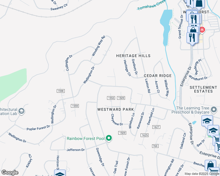 map of restaurants, bars, coffee shops, grocery stores, and more near 1601 Rainbow Forest Drive in Lynchburg