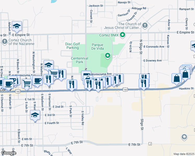 map of restaurants, bars, coffee shops, grocery stores, and more near 1104 East Main Street in Cortez