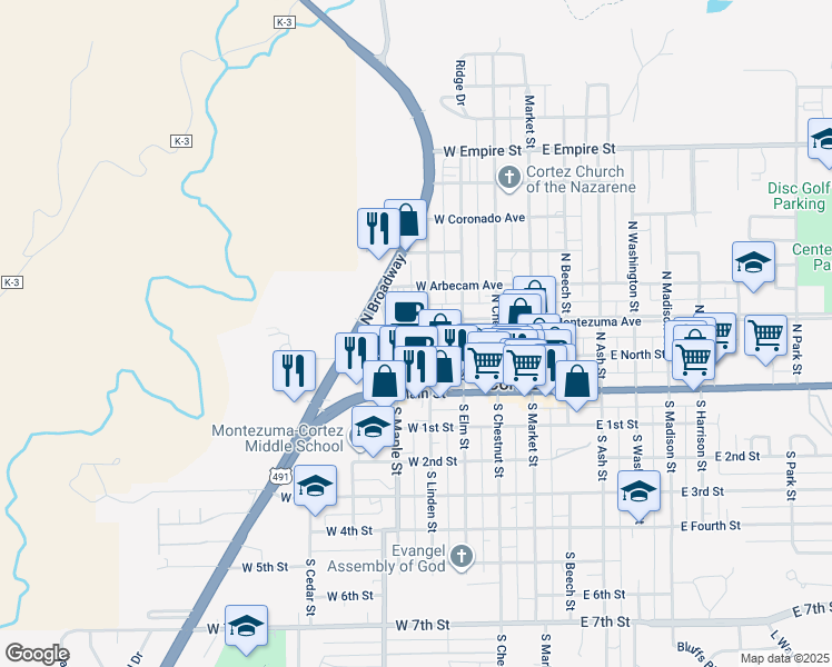 map of restaurants, bars, coffee shops, grocery stores, and more near 113 North Linden Street in Cortez