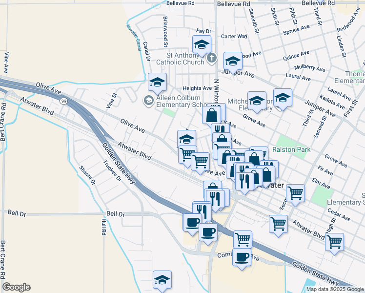 map of restaurants, bars, coffee shops, grocery stores, and more near 1925 Olive Avenue in Atwater