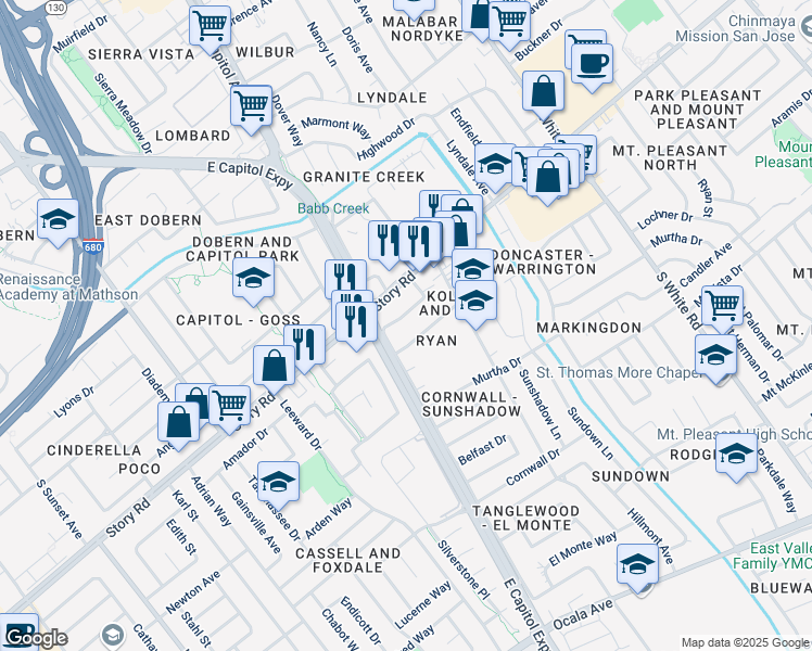 map of restaurants, bars, coffee shops, grocery stores, and more near 2715 Sussex Drive in San Jose