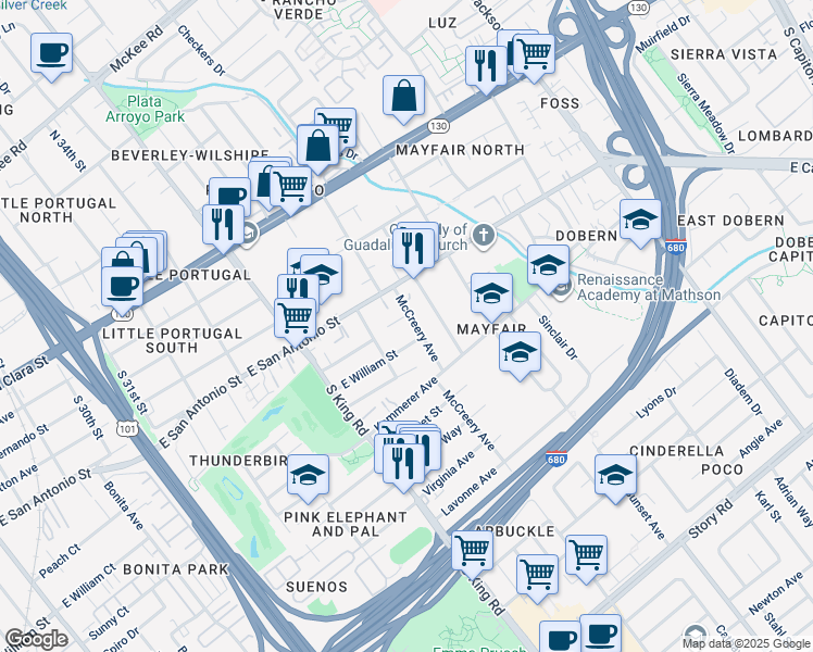 map of restaurants, bars, coffee shops, grocery stores, and more near 255 McCreery Avenue in San Jose