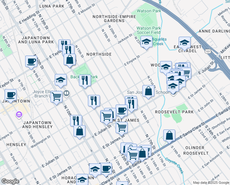 map of restaurants, bars, coffee shops, grocery stores, and more near 780 Washington Street in San Jose