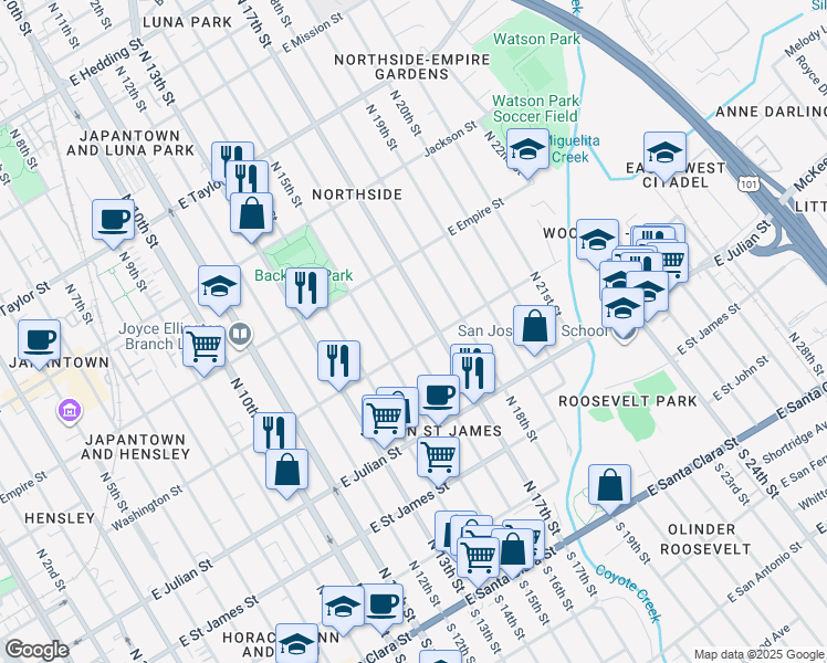 map of restaurants, bars, coffee shops, grocery stores, and more near 780 Washington Street in San Jose
